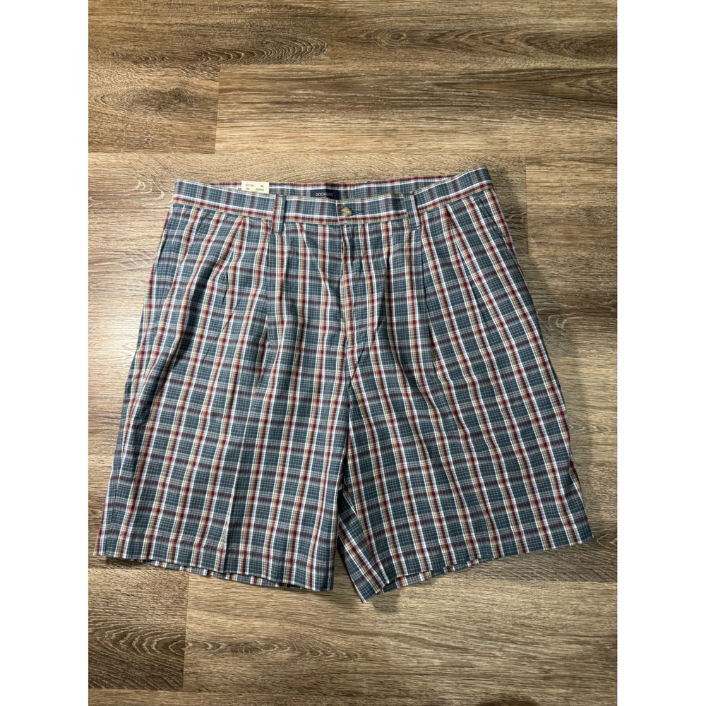 NWT Vintage Dockers Madras Shorts Mens 38 Blue Plaid Pleated Cotton